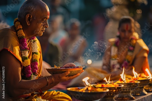 A man sitting in front of a table filled with various bowls of food, preparing to partake in a religious ceremony or ritual