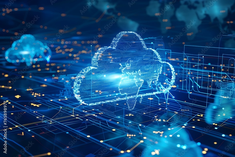 Obraz premium Abstract world map with cloud computing icons on dark blue background representing global data transfer technology. Concept Abstract Art, World Map, Cloud Computing, Data Transfer, Technology