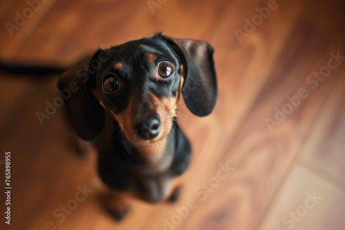 A mischievous dachshund looks up at the camera with a playful glint in its eyes, its long body coiled with energy,