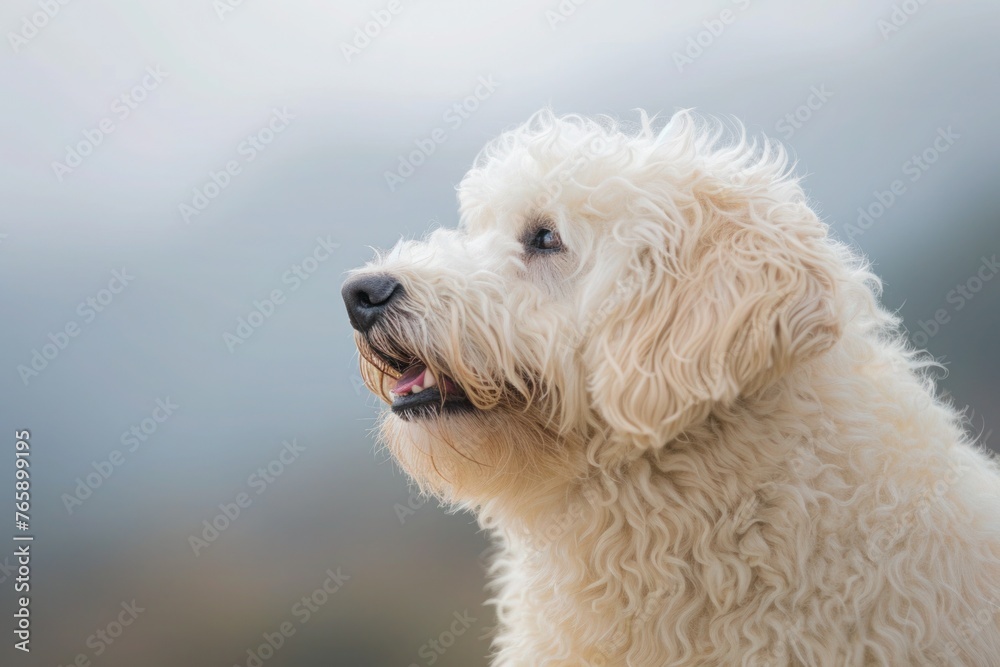 A Kuvasz-Hungarian Puli with a cheerful expression, captured in a candid moment, with space for text on the bottom left side of the image.