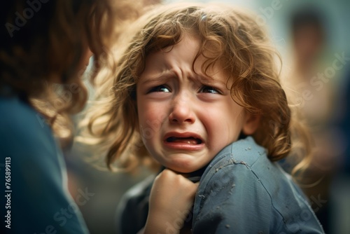A sobbing child, with their parent's form softened in the background, symbolizing the emotional distance between them in the moment.