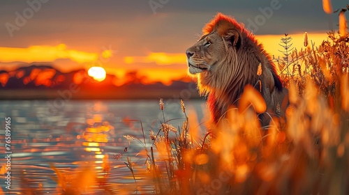 Lion is sitting in tall grass by a body of water. The sun is setting in the background, casting a warm glow over the scene. The lion appears to be looking out over the water