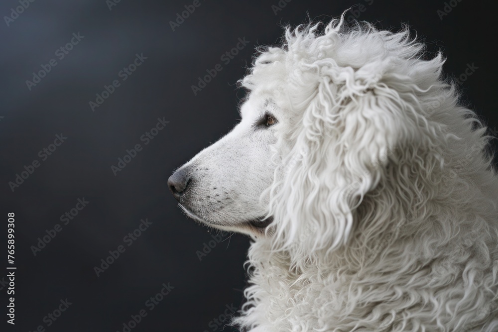 A Kuvasz-Hungarian Puli with a luxurious coat, gazing into the distance, with space for text along the bottom edge of the image.