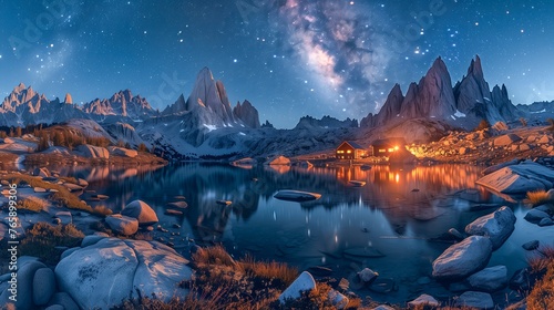 Tranquil lake surrounded by majestic mountains under a captivating night sky filled with stars.