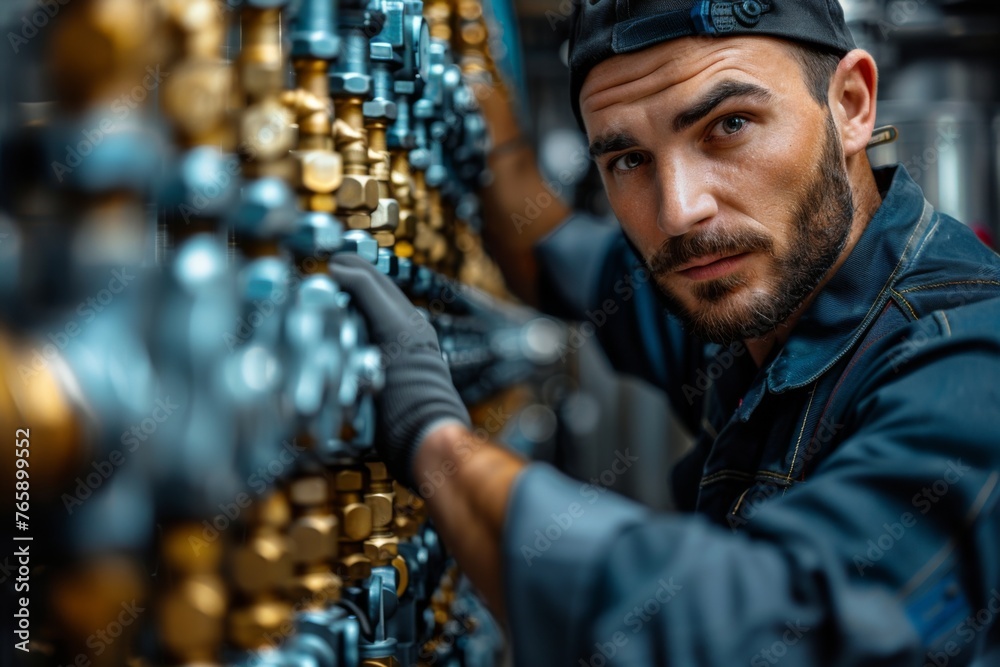 Handyman at work, focused on installing plumbing in a house, generated with AI