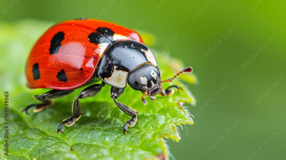 Macro photo of a ladybug crawling on a leaf, vibrant red color and white spots, generated with AI