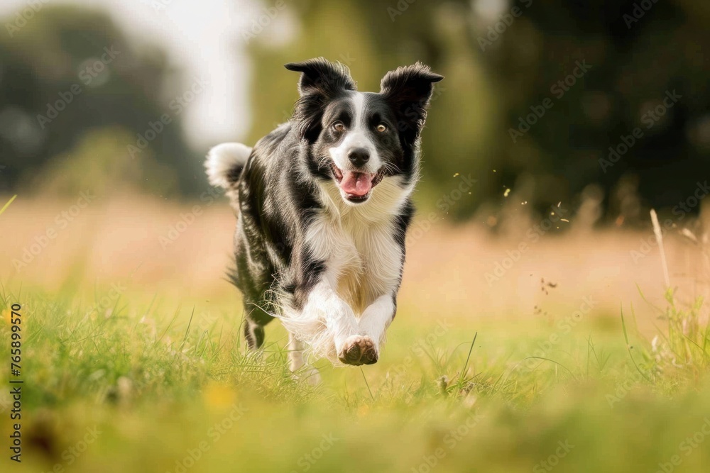 A lively border collie bounds playfully through a field, its eyes sparkling with intelligence and energy,