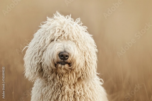 A Kuvasz-Hungarian Puli with an endearing smile, positioned centrally against a plain backdrop, allowing for text placement on either side.