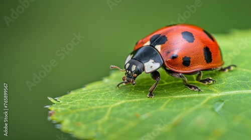 Macro photo of a ladybug crawling on a leaf, vibrant red color and white spots, generated with AI