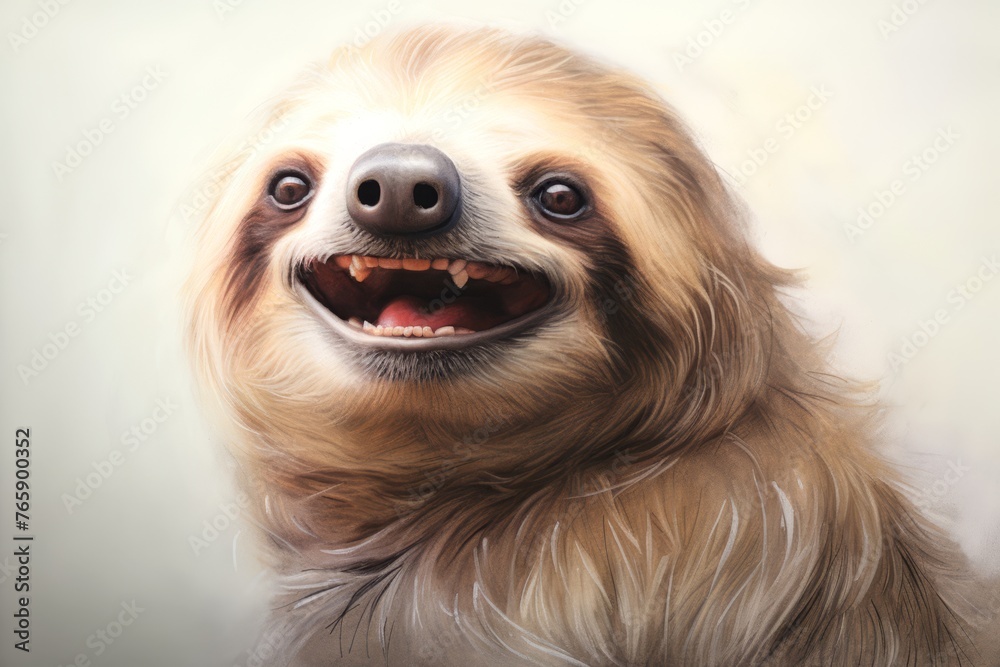 Illustration the happy face of a laughing sloth, its relaxed demeanor and contented smile captured against a neutral background. Illustration the happy face of a laughing sloth, its relaxed demeanor and contented smile captured against a neutral background.