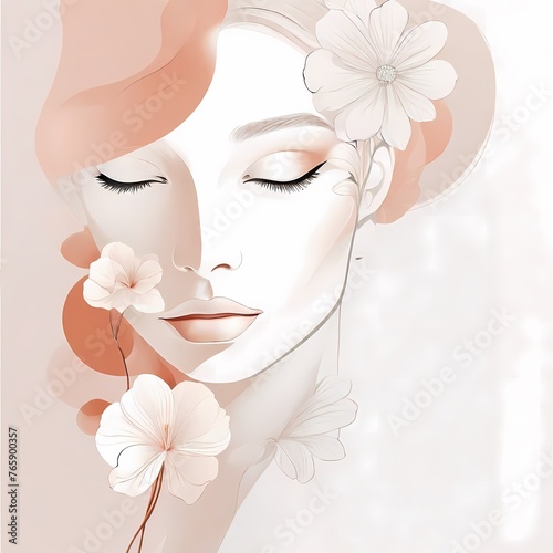 Abstract female face in one line. Woman face with flowers Surreal Line art female floral girl. Minimalism Abstract modern Continuous single line woman face portrait 