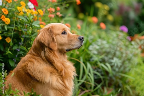 A loyal Golden Retriever sitting attentively beside its owner's garden, surrounded by blooming flowers and lush greenery, Copy Space.