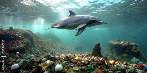 A dolphin swimming in an underwater pile of plastic trash and garbage. other fish can be seen in the background  none of them look healthy