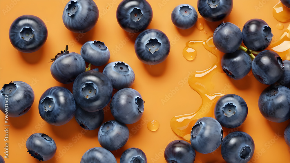 blueberries on an orange background. splashes of water and juice. for advertising, poster, banner blueberries on an orange background. splashes of water and juice. for advertising, poster, banner