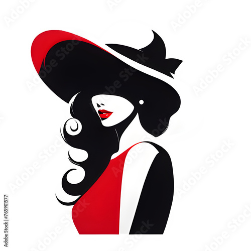elegant woman wearing hat vector illustration - black and white stylized portrait of a beautiful girl with long hair.