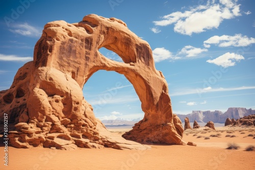 Amajestic desert arch, formed by natural erosion and framed against the vast expanse of the sky, embodying desert aesthetics photo