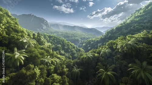 Picturesque landscape featuring mountains, dense forests, and a clear blue sky, illuminated by natural sunlight and captured through a wide-angle, generated with AI
