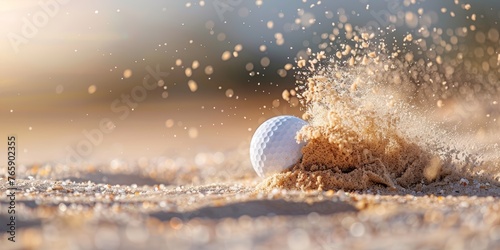 Golf ball hitting sand in bunker. Close-up action shot with dynamic sand splash. Sports and golfing concept for design and print.