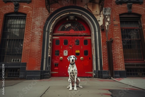 A majestic Dalmatian posing regally in front of a historic firehouse, paying homage to its iconic role as a firehouse mascot photo