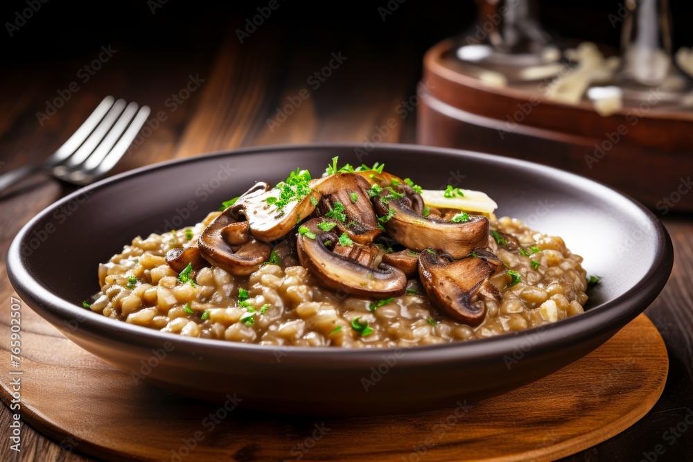 Buckwheat risotto with mushrooms and Parmesan cheese, served in an elegant deep plate on a wooden table, embodying buckwheat aesthetics.