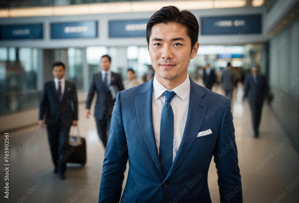 Happy Japanese businessman walking confidently through a busy airport terminal, 