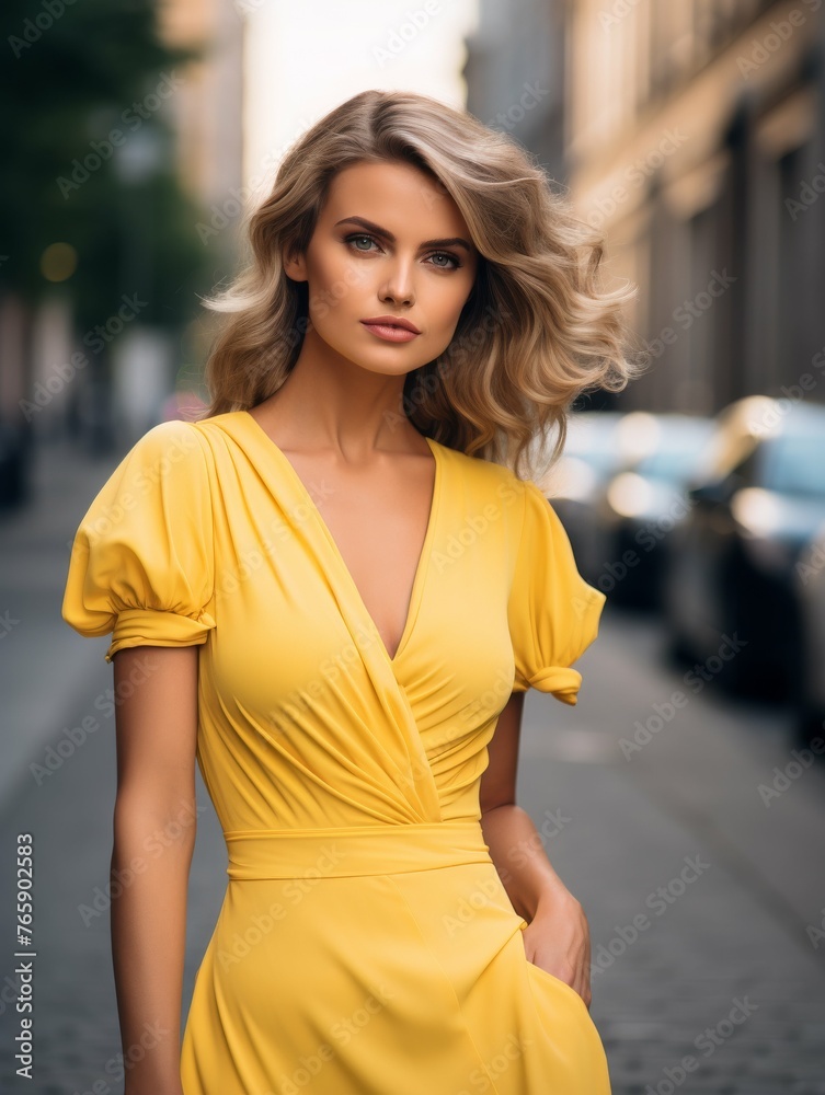 Fototapeta premium Woman in Yellow Dress Standing on Street
