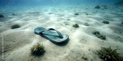 Thrown away rubber slippers on the seabed, they are already starting to serve as shelter for algae and small sea creatures, it's not good for nature, but make the best of it photo