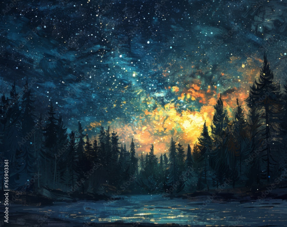 Obraz premium Starry sky, pine forest, yellow and blue lights, generated with AI
