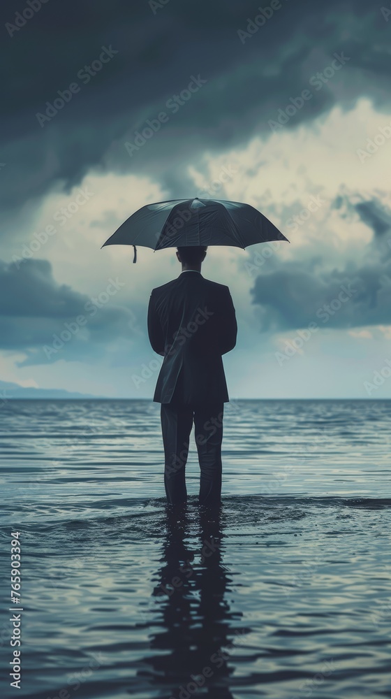 Man with umbrella standing in the sea under stormy sky. Concept of calmness amidst adversity.