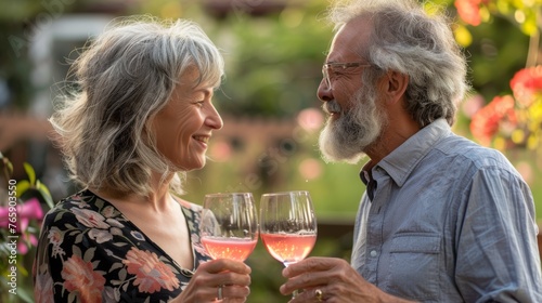 Senior couple enjoying glasses of rose wine in garden setting. Romantic outdoor dining concept