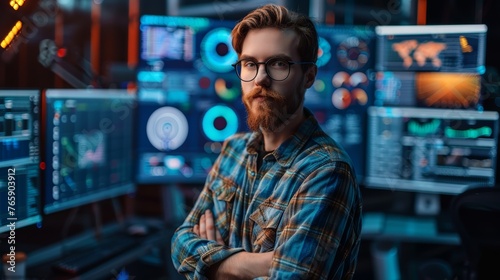 Man with beard and glasses in plaid shirt in front of server racks. Studio tech portrait with colorful digital displays