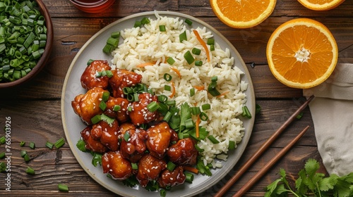 Product photography of a beautiful plate of chicken chow main and orange chicken, generated with AI