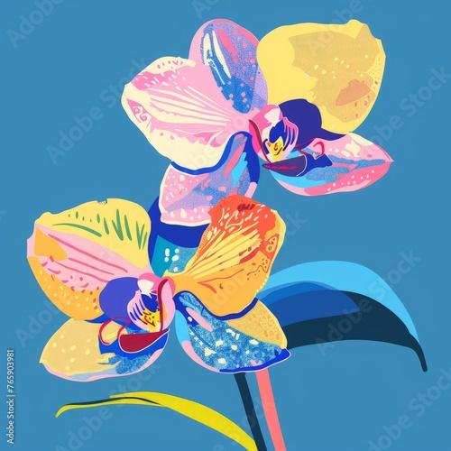 A painting featuring a detailed and vibrant flower against a solid blue background