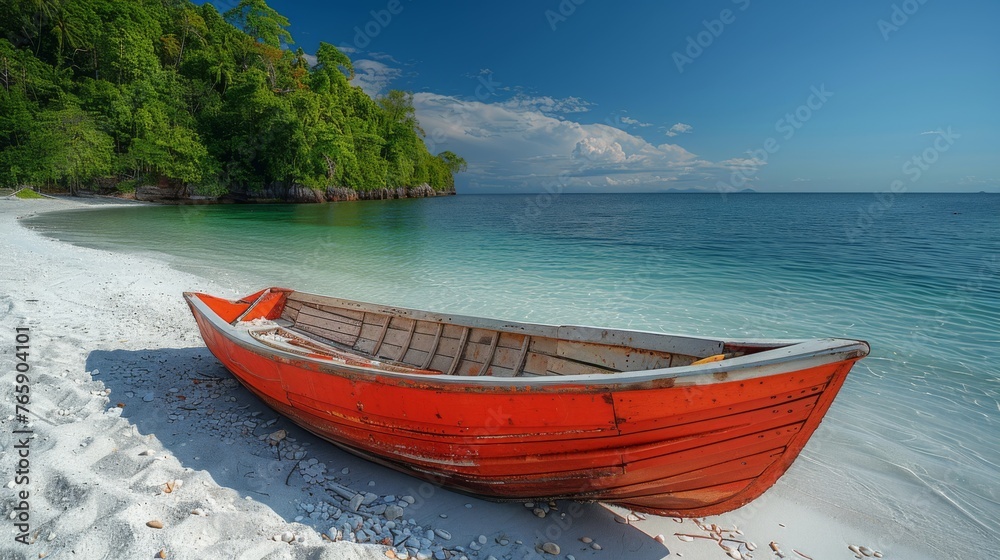 Photography of rowboat in wood. beach. white sand, beautiful view, island, generated with AI Photography of rowboat in wood. beach. white sand, beautiful view, island, generated with AI