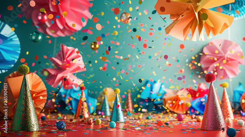 Festive New Year Celebration with Party Hats, Confetti, and Decorations