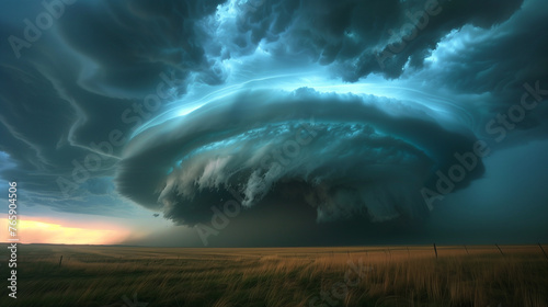 Dark, towering clouds of a supercell thunderstorm over plains.