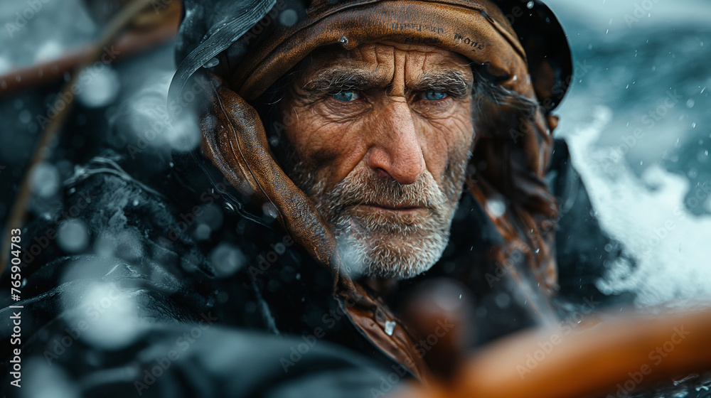 Fototapeta premium A close-up shot of a fearless sailor, his weathered hands firmly gripping the ship's wheel as he steers through treacherous waves, his unwavering resolve mirrored in the steely det