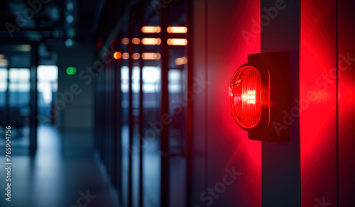 Emergency siren alert in office. Red flashing siren mounted on a modern office wall signaling an alert or emergency situation