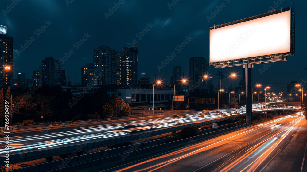 White Blank Illuminated Billboard on Busy Road at Night, Generative AI