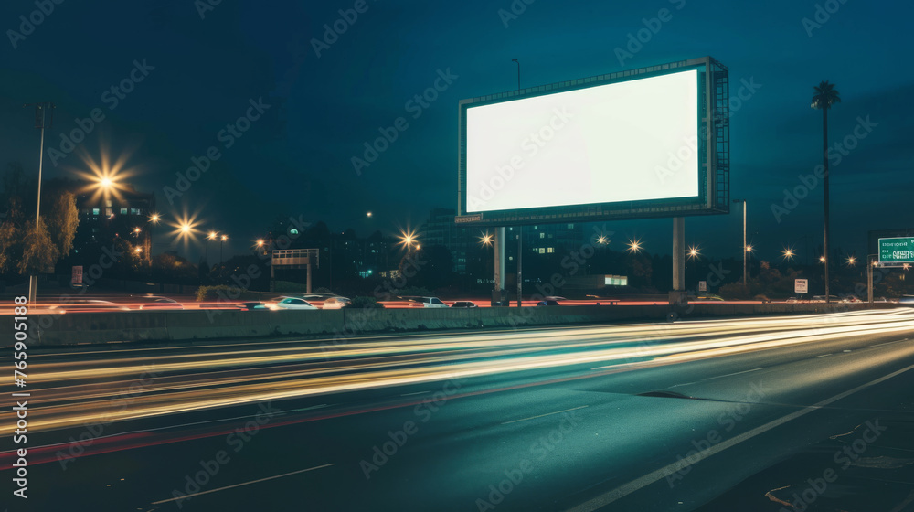 White Blank Illuminated Billboard on Busy Road at Night, Generative AI