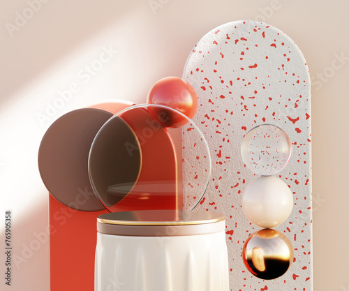 Geometric product presentation pedestal. A game of shapes and bright colors created by acrylic glass. Scene for beauty products, decorations, makeup and accessories. 3d.