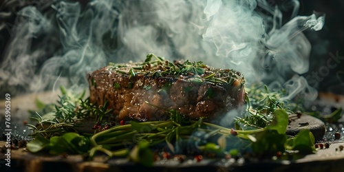 Savor the Aromas: Grilled Steak with Herbs for a Mouthwatering Meal. Concept Grilled Steak, Herbs, Aroma, Mouthwatering, Meal © Ян Заболотний
