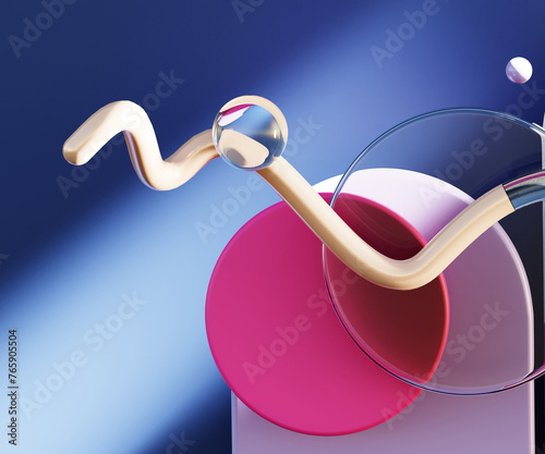 Geometric product presentation pedestal. A game of shapes and bright colors created by acrylic glass. Scene for beauty products, decorations, makeup and accessories. 3d.