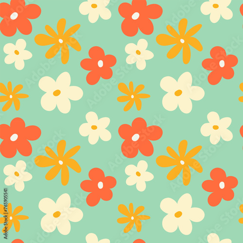 Trendy floral seamless pattern illustration. Vintage 70s style hippie flower background design. Colorful pastel color artwork, y2k nature backdrop with spring flowers. © Gulnoz
