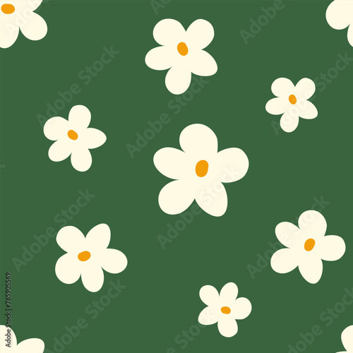 Trendy floral seamless pattern illustration. Vintage 70s style hippie flower background design. Colorful pastel color artwork, y2k nature backdrop with spring flowers.