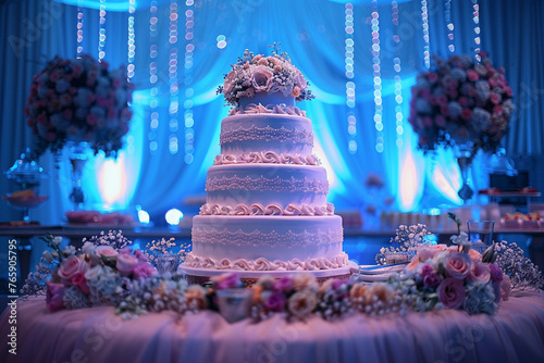 A beautiful wedding cake with decoration at wedding reception room for wedding party. Beautiful Cakes dessert and flower decorate in event party room. White Cake Design in Wedding Room with blue light photo