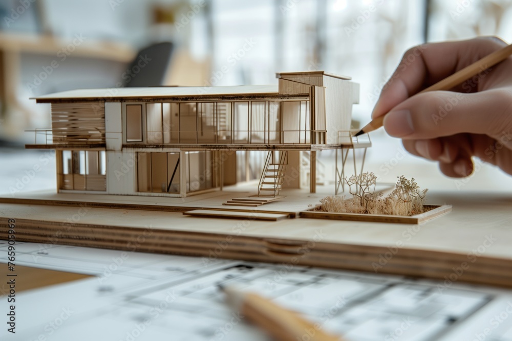 Architect's hand sketching and crafting a modern house model on blueprints, using a pencil and wooden sticks. Building plans lay out, bringing architectural designs to life in 2D and 3D models.