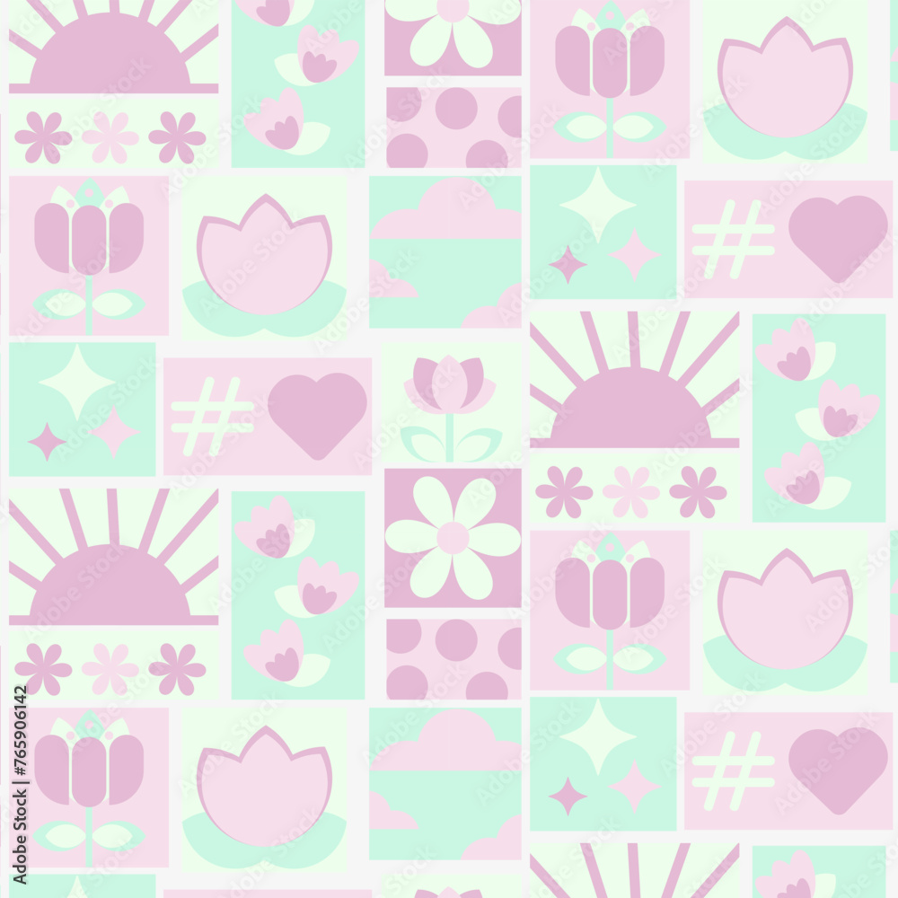 A pattern with spring motifs, flowers, sun, clouds in a simple style. A pattern with spring motifs, flowers, sun, clouds in a simple style.