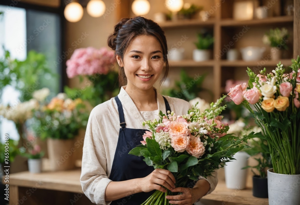 Photo of a smiling Japanese woman working inside a florist shop, surrounded by beautiful flowers and greenery Photo of a smiling Japanese woman working inside a florist shop, surrounded by beautiful flowers and greenery