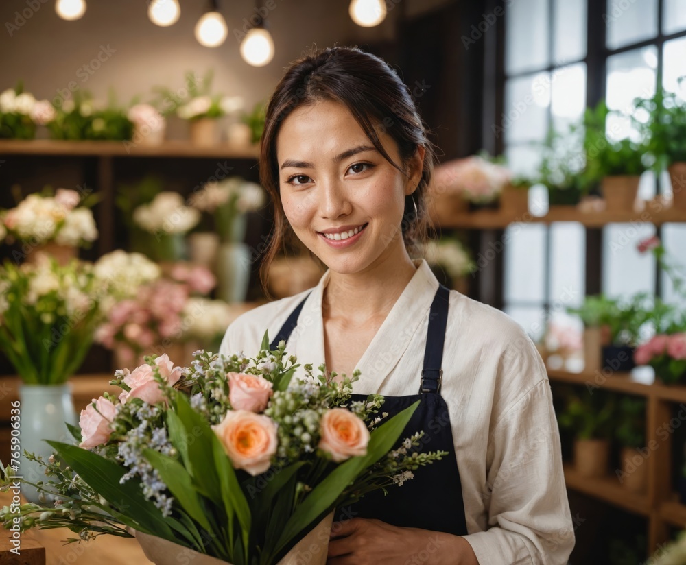Photo of a smiling Japanese woman working inside a florist shop, surrounded by beautiful flowers and greenery Photo of a smiling Japanese woman working inside a florist shop, surrounded by beautiful flowers and greenery